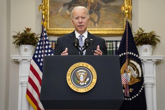 President Joe Biden delivers remarks on the Russian invasion of Ukraine, in the Roosevelt Room of the White House, Thursday, April 21, 2022, in Washington. (AP Photo/Evan Vucci)