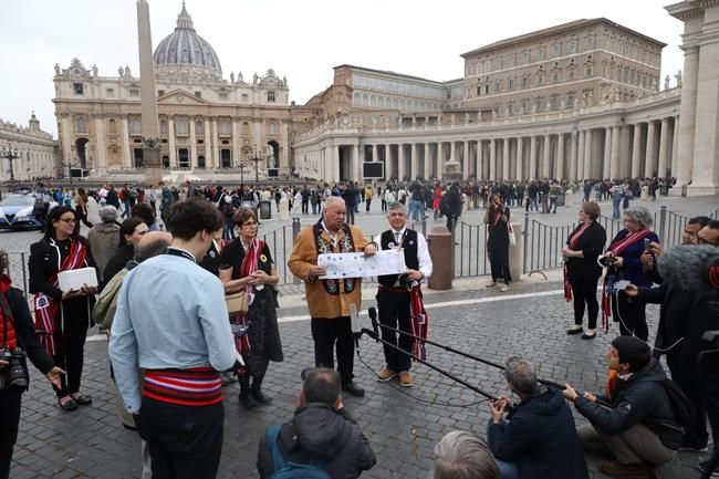 Manitoba Métis Federation President David Chartrand stands in St. Peter's Square as Métis met with Pope Francis at the Vatican on April 21, 2022, in this handout photo. THE CANADIAN PRESS/HO-Jordan Meixner - Manitoba Métis Federation **MANDATORY CREDIT**