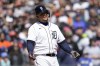 Detroit Tigers' Miguel Cabrera reacts to being called out on strikes against the New York Yankees in the sixth inning of a baseball game in Detroit, Thursday, April 21, 2022. (AP Photo/Paul Sancya)