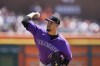 Colorado Rockies starting pitcher Antonio Senzatela throws during the first inning of the first baseball game of a doubleheader against the Detroit Tigers, Saturday, April 23, 2022, in Detroit. (AP Photo/Carlos Osorio)