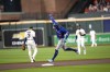 Toronto Blue Jays' George Springer celebrates as he runs the bases after hitting a home run against the Houston Astros during the first inning of a baseball game Saturday, April 23, 2022, in Houston. (AP Photo/David J. Phillip)