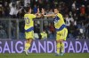 Juventus' Paulo Dybala, left, celebrates scoring during the Serie A soccer match between Sassuolo and Juventus at Mapei stadium in Reggio Emilia, Italy, Monday April 25, 2022. (Massimo Paolone/LaPresse via AP)