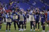 Seattle Sounders celebrate after a 1-1 tie against New York City FC during the second leg of a CONCACAF Champions League soccer semifinal Wednesday, April 13, 2022, in Harrison, N.J. The Sounders won 4-2 on aggregate. (AP Photo/Eduardo Munoz Alvarez)