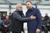 FILE - Venezia coach Paolo Zanetti, right, and Roma coach Jose Mourinho embrace prior to the Italian Serie A soccer match between Venezia and Roma, at the Penzo stadium in Venice, Italy, Nov. 7, 2021. Last-place Venezia has fired coach Paolo Zanetti on Wednesday, April 27, 2022, less than a year after he helped the club earn what might be a short-lived promotion to Italy’s top division. The club is mired in an eight-match losing streak and says it made the move in search of “a miracle” to remain in Serie A with five games left in the season. (Paola Garbuio/LaPresse via AP, file)