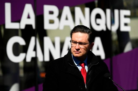 Conservative MP and leadership candidate Pierre Poilievre speaks during a press conference outside the Bank of Canada in Ottawa, on Thursday, April 28, 2022. The Conservative leadership candidate is among five who will appear in a debate Thursday evening in Ottawa.THE CANADIAN PRESS/Justin Tang