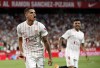 Sevilla's Erik Lamela celebrates after scoring his side's second goal during a Spanish La Liga soccer match between Sevilla and Real Madrid at the Ramon Sanchez Pizjuan stadium, in Seville, Spain, Sunday, April 17, 2022. (AP Photo/Angel Fernandez)