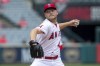 Los Angeles Angels starting pitcher Reid Detmers throws to a Cleveland Guardians batter during the second inning of a baseball game in Anaheim, Calif., Thursday, April 28, 2022. (AP Photo/Alex Gallardo)