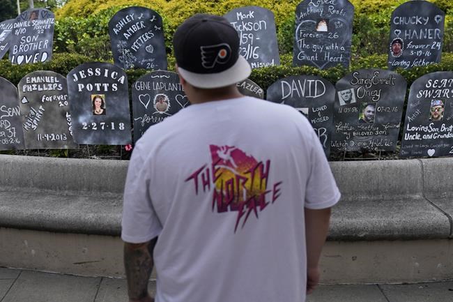 FILE - A man looks at cardboard gravestones with the names of victims of opioid abuse outside the courthouse where the Purdue Pharma bankruptcy is taking place in White Plains, N.Y., Monday, Aug. 9, 2021. A federal appeals panel is scheduled to hear arguments on whether members of the Sackler family can be granted protection from lawsuits as part of a bankruptcy settlement for the company they own, OxyContin maker Purdue Pharma. If the company doesn’t get what it wants, it could have to fight off thousands of individual lawsuits. (AP Photo/Seth Wenig)