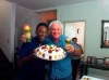 In this Oct. 23, 2010 photo provided by the personal collection of Jose Fornos Rodrigues, soccer legend Pele and Jose Fornos Rodrigues celebrate Pele's 70th birthday in the home of Pele's mother Celeste, in Santos, Brazil. (Personal collection of Jose Fornos Rodrigues via AP)