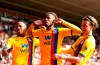 Crystal Palace's Wilfried Zaha, center, celebrates scoring their side's second goal of the game during their English Premier League soccer match against Southampton at St Mary's Stadium, Southampton, England, Saturday, April 30, 2022. (Andrew Matthews/PA via AP)