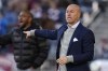 Portland Timbers head coach Giovanni Savarese reacts during the first half of an MLS soccer match against the Colorado Rapids, Saturday, April 30, 2022, in Commerce City, Colo. (AP Photo/ Jack Dempsey)