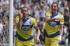 Juventus' Leonardo Bonucci, left, celebrates with teammate Adrien Rabiot after scoring his second goal during a Serie A match between Juventus and Venezia, at Turin's Allianz Stadium, Italy, Sunday, May 1, 2022. (Marco Alpozzi/LaPresse via AP)
