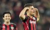 Leverkusen's Patrik Schick, right, celebrates after he scored his side's second goal during the German Bundesliga soccer match between Bayer Leverkusen and Eintracht Frankfurt in Leverkusen, Germany, Monday, May 2, 2022. (AP Photo/Martin Meissner)