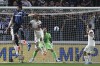 Atalanta's Jose Luis Palomino, second left, and Salernitana's Cedric Gondo battle for the ball during the Italian Serie A soccer match between US Salernitana and Atalanta BC at the Gewiss Stadium in Bergamo, Italy, Monday, May 2, 2022. (Spada/LaPresse via AP)