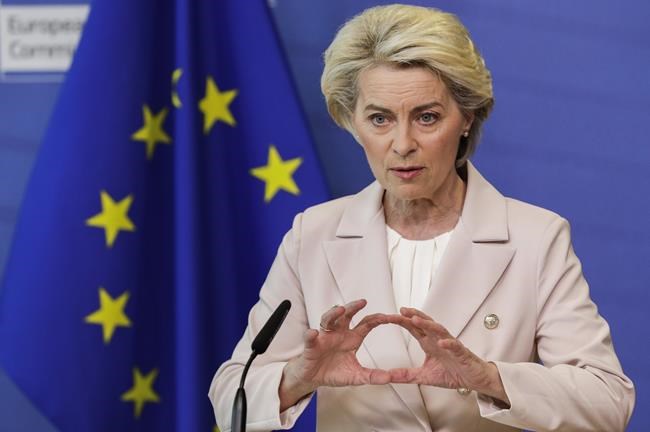 European Commission President Ursula von der Leyen delivers a statement at EU headquarters in Brussels, Wednesday, April 27, 2022. Russia opened a new front in its war in Ukraine on Wednesday, cutting two European Union nations that staunchly back Kyiv off from its gas, a dramatic escalation in the conflict that is increasingly becoming a wider battle with the West. (Olivier Hoslet, Pool Photo via AP)