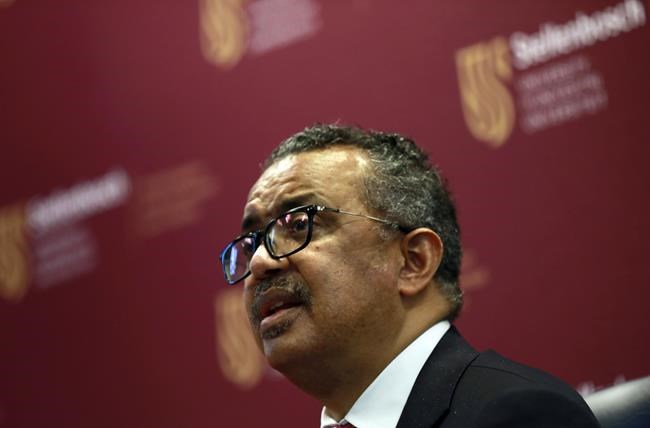 FILE - World Health Organisation (WHO) director-general Dr. Tedros Adhanom Ghebreyesus speaks at a news conference in Cape Town, South Africa, Friday, Feb. 11, 2022. The World Health Organization on Thursday, May 5, 2022 is estimating that nearly 15 million people were killed either by the coronavirus or by its impact on overwhelmed health systems in the past two years, more than double the official death toll of 6 million. (AP Photo/Nardus Engelbrecht, File)