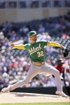 Oakland Athletics starting pitcher James Kaprielian (32) throws against the Minnesota Twins during the first inning of a baseball game Saturday, May 7, 2022, in Minneapolis. (AP Photo/Stacy Bengs)