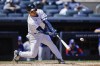 New York Yankees Jose Trevino hits a single during the fifth inning of a baseball game against the Texas Rangers at Yankee Stadium, Monday, May 9, 2022, in New York. (AP Photo/Eduardo Munoz Alvarez)