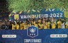 Nantes' players celebrate with the trophy after winning the French Cup final soccer match between Nice and Nantes at the Stade de France stadium, in Saint Denis, north of Paris, Saturday, May 7, 2022. (AP Photo/Christophe Ena)