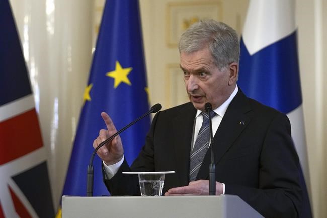 Finland's President Sauli Niinisto makes a point during a joint press conference with British Prime Minister Boris Johnson, at the Presidential Palace in Helsinki, Finland, Wednesday, May 11, 2022. Britain has signed a security assurance with Sweden which like its neighbor Finland is pondering whether to join NATO following Russia's invasion of Ukraine, pledging to