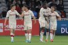 Monaco players celebrates after their teammate Aurelien Tchouameni scored his side's first goal during their French League one soccer match at the Pierre Mauroy stadium in Villeneuve d'Ascq, northern France, Friday, May 6, 2022. (Michel Spigler)