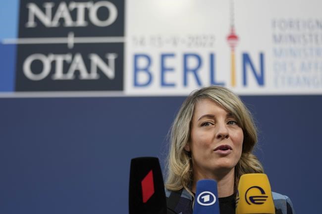 Melanie Joly, Foreign Minister of Canada, arrives for an informal meeting of the North Atlantic Council in Foreign Ministers' session in Berlin, Germany, Sunday, May 15, 2022. (AP Photo/Michael Sohn)