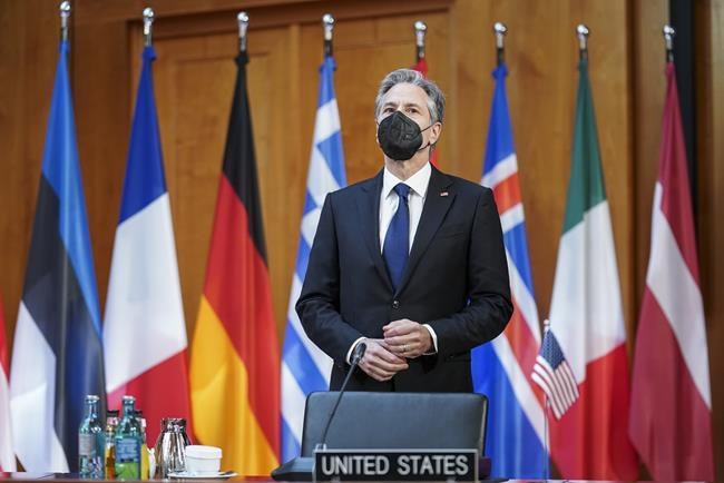 U.S. Secretary of State Antony Blinken attends the Informal Meeting of NATO Ministers of Foreign Affair in Berlin, Germany, Sunday May 15, 2022. (Kevin Lamarque/Pool via AP)