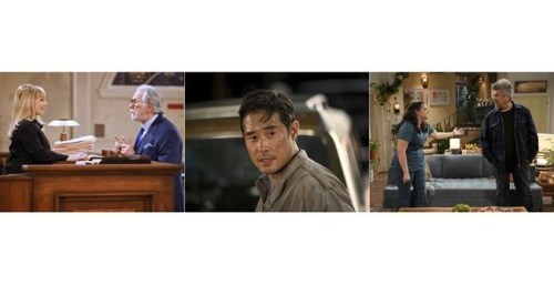 These images released by NBC shows, from left, Melissa Rauch and John Larroquette in a scene from 
