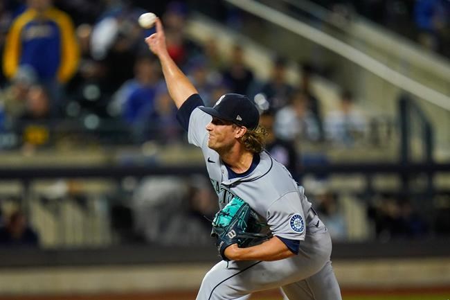 Seattle Mariners' Drew Steckenrider pitches during the ninth inning of a baseball game against the New York Mets Friday, May 13, 2022, in New York. The Mariners won 2-1. (AP Photo/Frank Franklin II)