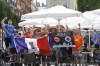 Glasgow Rangers supporters cheer outside a bar in downtown Seville, Spain, Tuesday, May 17, 2022. Eintracht Frankfurt will play Glasgow Rangers in the Europa League final Wednesday evening in Seville. (AP Photo/Angel Fernandez)