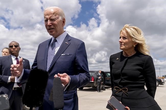 President Joe Biden, accompanied by first lady Jill Biden, speaks before boarding Air Force One at Buffalo-Niagara International Airport in Buffalo, N.Y., Tuesday, May 17, 2022, after paying their respects and speaking to families of the victims of Saturday's shooting at a supermarket. (AP Photo/Andrew Harnik)