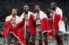Canada's Andre De Grasse, Brendon Rodney, Aaron Brown and Jerome Blake celebrate after winning the bronze medal in the men's 4 x 100m during the summer Tokyo Olympics in Tokyo, Japan on Friday, August 6, 2021. THE CANADIAN PRESS/Nathan Denette