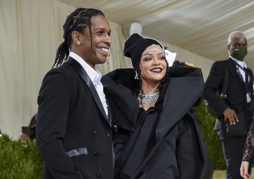 FILE - A$AP Rocky, left, and Rihanna attend The Metropolitan Museum of Art's Costume Institute benefit gala celebrating the opening of the 