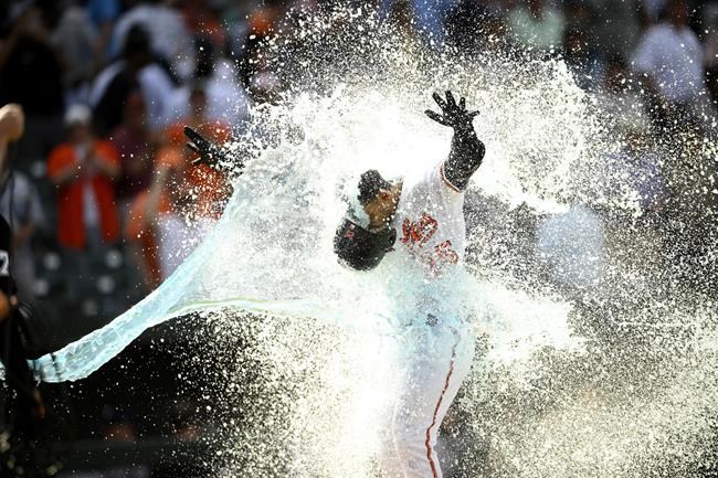 Baltimore Orioles' Anthony Santander is doused as he celebrates heading home after hitting a three-run walk off home run during the ninth inning of a baseball game against the New York Yankees, Thursday, May 19, 2022, in Baltimore. The Orioles won 9-6. (AP Photo/Nick Wass)