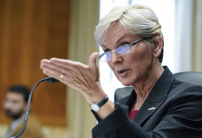 FILE -Secretary of Energy Jennifer Granholm speaks during a Senate Energy and Natural Resources hearing to examine the President's proposed budget request for fiscal year 2023 for the Department of Energy, Thursday, May 5, 2022, on Capitol Hill in Washington. The Department of Energy said Thursday, May 19, 2022 it will release $3.5 billion to groups developing direct air capture and other technologies that remove carbon dioxide, which when released into the atmosphere causes global warming.(AP Photo/Mariam Zuhaib, File)