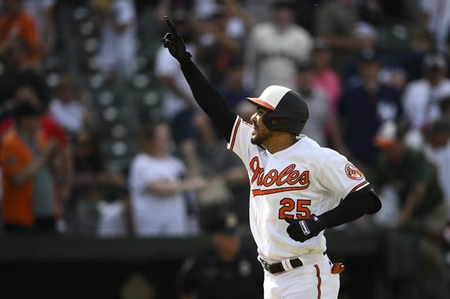 Baltimore Orioles' Anthony Santander celebrates as he heads home on his three-run walk off home run during the ninth inning of a baseball game against the New York Yankees, Thursday, May 19, 2022, in Baltimore. The Orioles won 9-6. (AP Photo/Nick Wass)