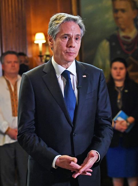 Secretary of State Antony Blinken speaks as he visits the Ukrainian Institute of America on the Upper Eastside in Manhattan on Thursday, May 19, 2022, in New York. (Andrea Renault/Pool via AP)