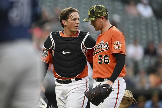 Baltimore Orioles catcher Adley Rutschman, left, talks with pitcher Kyle Bradish after the top of the second inning of the team's baseball game against the Tampa Bay Rays on Saturday, May 21, 2022, in Baltimore. (AP Photo/Gail Burton)