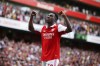 Arsenal's Eddie Nketiah celebrates scoring his side's second goal during the English Premier League soccer match between Arsenal and Everton at the Emirates Stadium in London, Sunday, May 22, 2022. (AP Photo/David Cliff)
