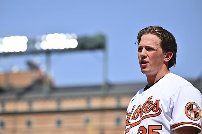 Baltimore Orioles' Adley Rutschman looks on during a break in the action in the fifth inning of a baseball game against the Tampa Bay Rays, Sunday, May 22, 2022, in Baltimore. (AP Photo/Terrance Williams)