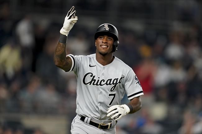 Chicago White Sox' Tim Anderson reacts towards the crowd while running the bases after hitting a three-run home run off New York Yankees relief pitcher Miguel Castro in the eighth inning of the second baseball game of a doubleheader, Sunday, May 22, 2022, in New York. (AP Photo/John Minchillo)