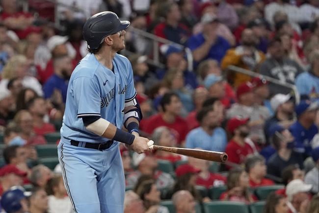 Toronto Blue Jays' Danny Jansen watches his three-run home run during the fourth inning of a baseball game against the St. Louis Cardinals Tuesday, May 24, 2022, in St. Louis. (AP Photo/Jeff Roberson)