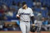 Miami Marlins starting pitcher Pablo Lopez reacts after giving up a single to Tampa Bay Rays' Kevin Kiermaier during the seventh inning of a baseball game Tuesday, May 24, 2022, in St. Petersburg, Fla. (AP Photo/Chris O'Meara)
