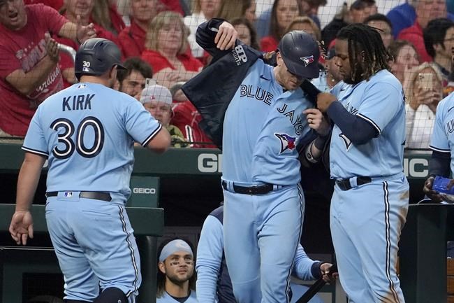 Toronto Blue Jays' Danny Jansen, centre, is congratulated by teammates Vladimir Guerrero Jr., right, and Alejandro Kirk (30) after hitting a three-run home run during the fourth inning of a baseball game against the St. Louis Cardinals, Tuesday, May 24, 2022, in St. Louis. THE CANADIAN PRESS/AP/Jeff Roberson