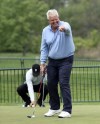Colin Montgomerie jokes on the practice green during a practice round for the Senior PGA Championship golf tournament, Wednesday, May 25, 2022, at Harbor Shores in Benton Harbor, Mich. (Don Campbell/The Herald-Palladium via AP)