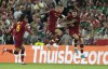 Roma's Nicolo Zaniolo, right, celebrates after scoring his side's opening goal during the Europa Conference League final between AS Roma and Feyenoord at National Arena in Tirana, Albania, Wednesday, May 25, 2022. (AP Photo/Antonio Calanni)