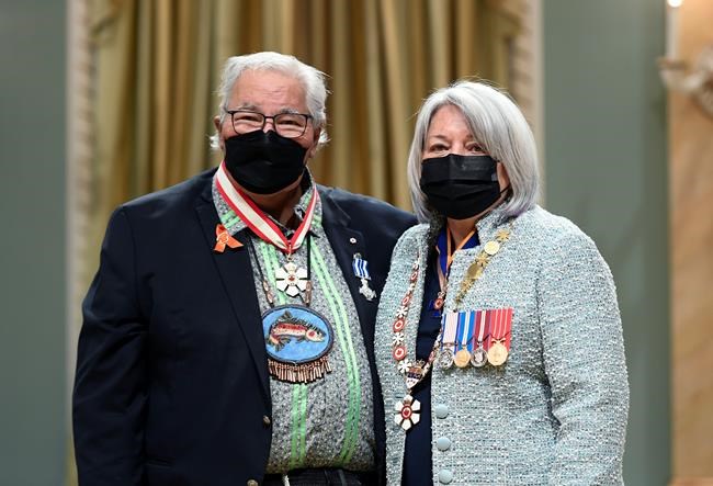 Justice Murray Sinclair stands with Gov. Gen. Mary Simon after being invested as a companion of the Order of Canada and receiving a Meritorious Service Decoration (Civil Division), at a Canadian Honours ceremony at Rideau Hall in Ottawa, on Thursday, May 26, 2022. Sinclair, along with Chief Wilton Littlechild and Marie Wilson, led the Truth and Reconciliation Commission that examined Canada’s Indian Residential School system. THE CANADIAN PRESS/Justin Tang