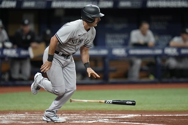 New York Yankees' Matt Carpenter grounds out against Tampa Bay Rays' Ryan Yarbrough during the third inning of a baseball game Thursday, May 26, 2022, in St. Petersburg, Fla. (AP Photo/Chris O'Meara)