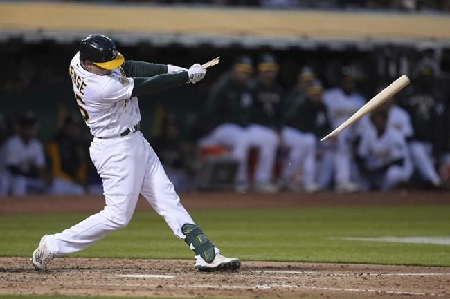 Oakland Athletics' Sheldon Neuse breaks his bat on a swing against the Texas Rangers during the sixth inning of a baseball game Thursday, May 26, 2022, in Oakland, Calif. (AP Photo/Darren Yamashita)