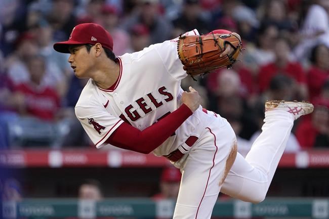 Los Angeles Angels starting pitcher Shohei Ohtani throws to the plate during the second inning of a baseball game against the Toronto Blue Jays Thursday, May 26, 2022, in Anaheim, Calif. (AP Photo/Mark J. Terrill)